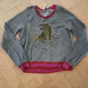 Pam and Gela Sweatshirt Womens Large Gray Lion Embroidered Crew Neck Pullover